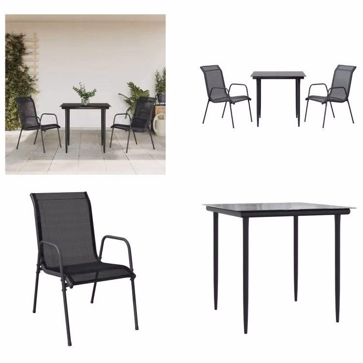 vidaXL Set da pranzo da giardino 3 pezzi in acciaio e textilene nero - Set da pranzo da giardino - Set di sedute da giardino - Set di sedute da esterno - Tavolo da giardino