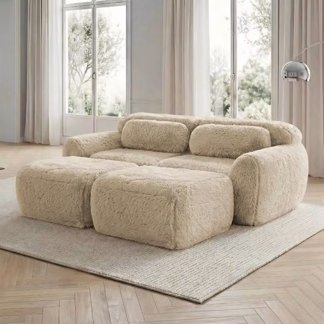 Divano angolare modulare reversibile MIVRAY in tessuto bouclé beige con ottoman coordinato per il tuo soggiorno