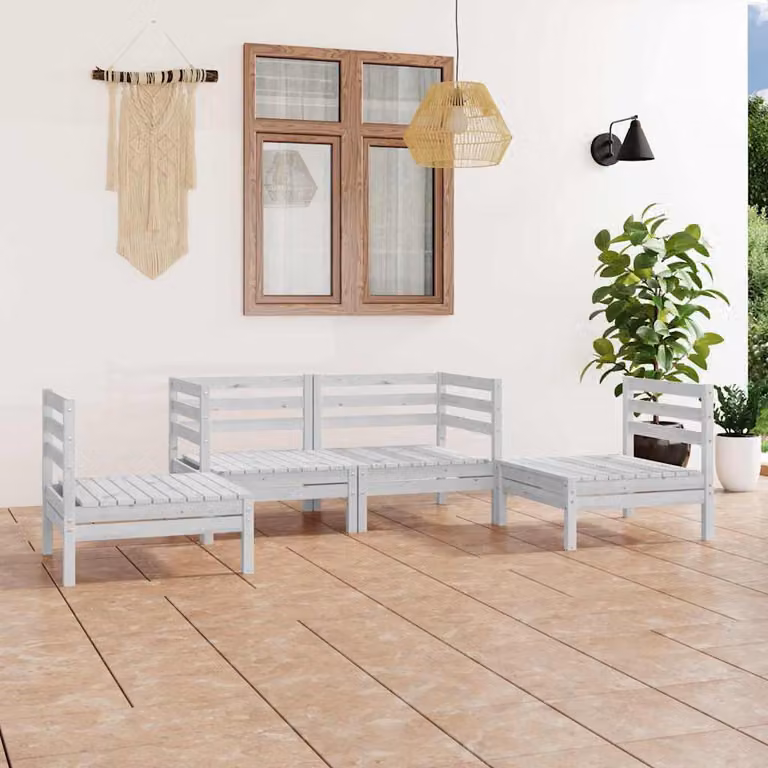 Set di divani da giardino vidaXL a forma di L in legno di pino bianco con cuscini inclusi