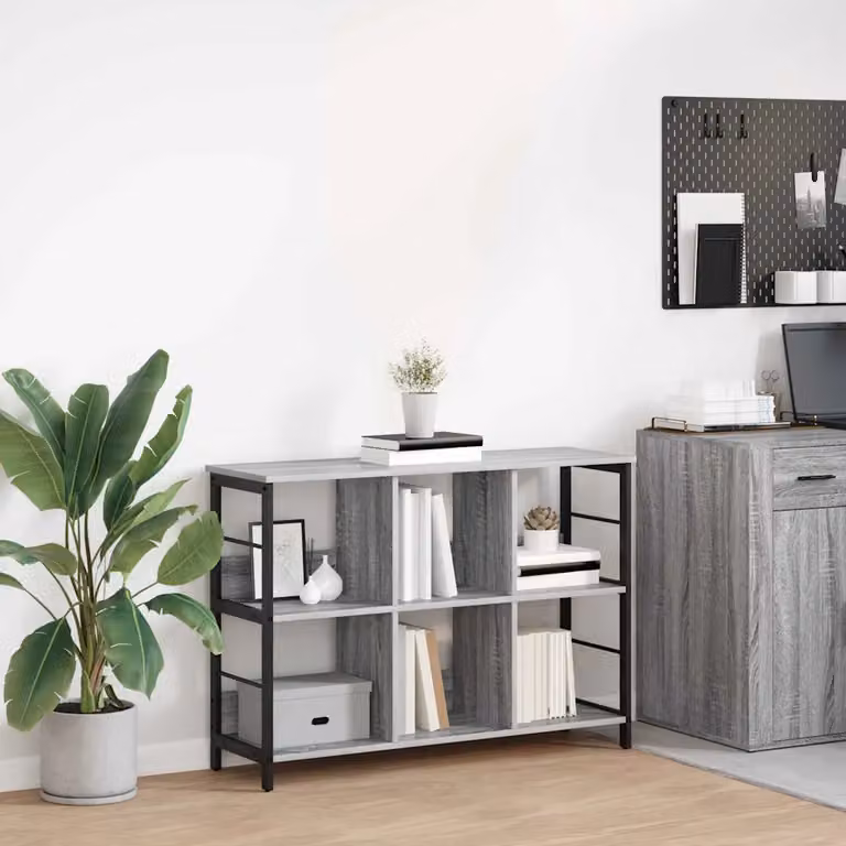 Libreria vidaXL in stile industriale con 6 livelli, colore grigio, in legno e metallo, L 102 cm x P 32 cm x H 72,5 cm