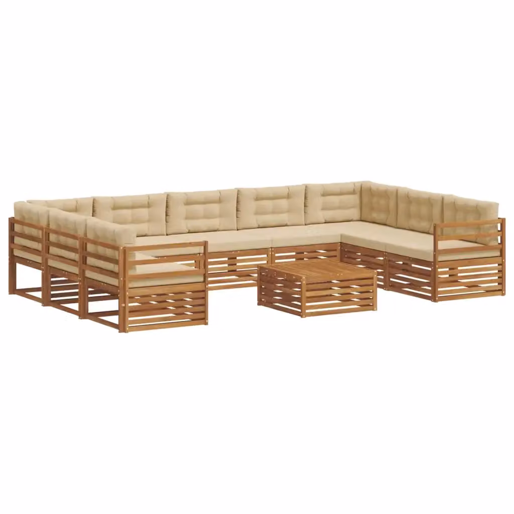 Set di divani da esterno a L con tavolino da giardino vidaXL in legno di acacia, colore beige e marrone, composto da 10 pezzi con cuscini inclusi – 2