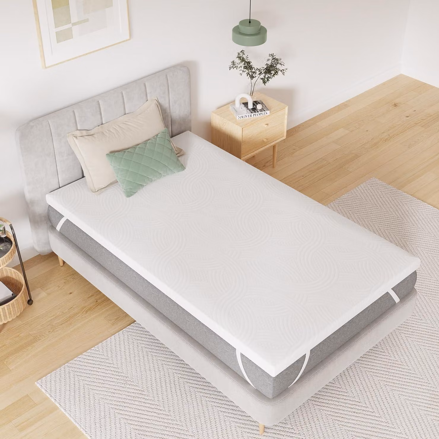 Topper per materasso 90x200 cm, alto 5 cm, in schiuma di fibra di bambù, antiscivolo
