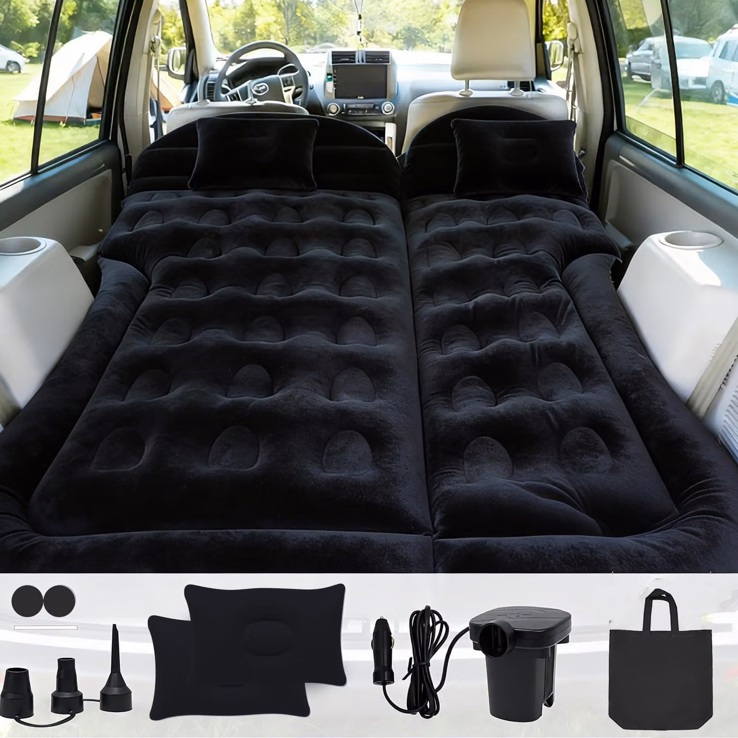 Letto gonfiabile da campeggio, modello completo, colore nero, in PVC, adatto per auto e camper