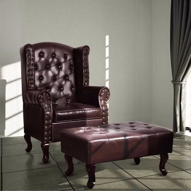 Poltrona Chesterfield con Poggiapiedi vidaXL in Similpelle Marrone con Struttura in Legno Massello
