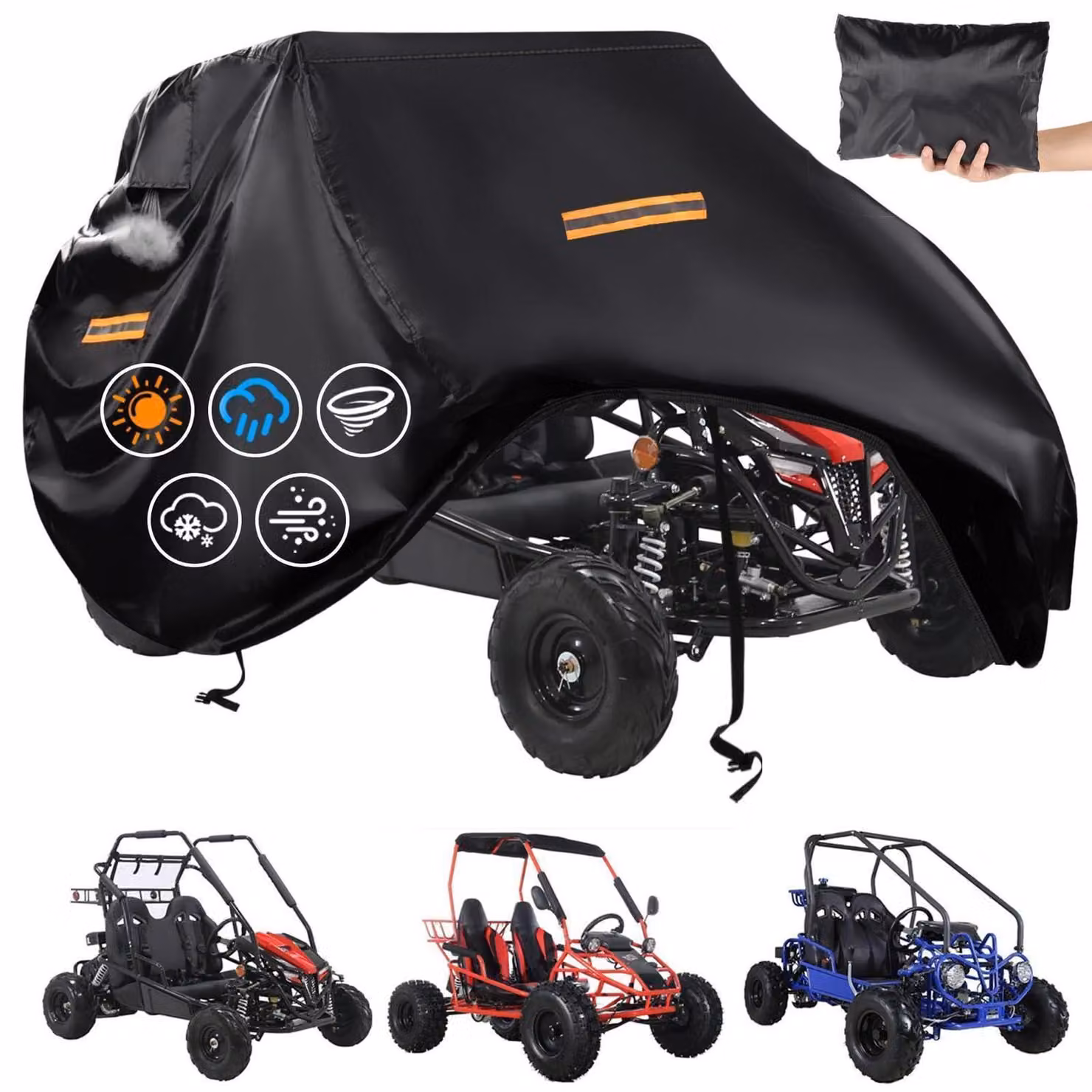 Copertura per go-kart, adatta a 2 posti, realizzata in tessuto Oxford 420D, impermeabile, con dimensioni di 190 cm di lunghezza, 130 cm di larghezza e 130 cm di altezza. Dotata di fessura di ventilazione e strisce riflettenti