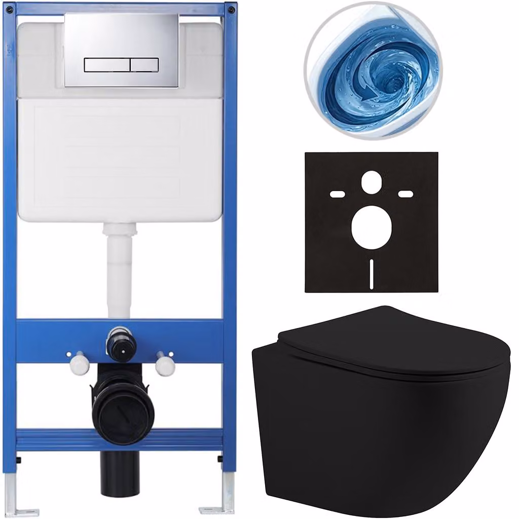 CERANO - Set completo per WC da incasso Lite/Cesso - nero opaco - pulsante WC Slim, cromato - installazione a parete/cartongesso - 49x36 cm