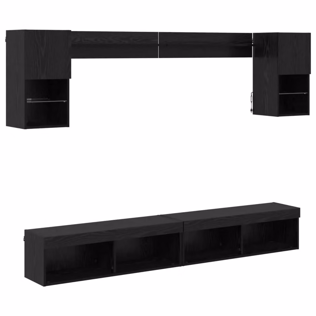 Unità a muro per TV moderna vidaXL con illuminazione LED integrata, 6 pezzi, Rovere e Nero – 2