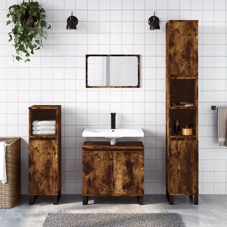 Armadietto da bagno vidaXL in stile industriale, colore marrone rovere, con ante a battente e ripiani interni, L: 58 cm, P: 33 cm, H: 60 cm