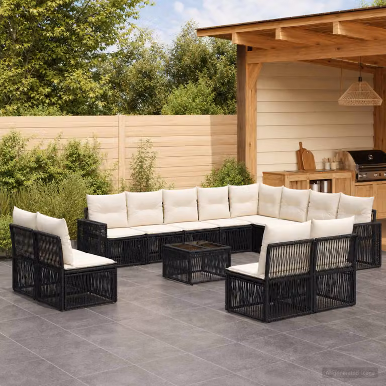 Set Divano da Giardino vidaXL a forma a U in Polyrattan con Tavolino e Cuscini, Nero e Bianco Crema
