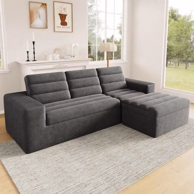 Divano angolare modulare ULEVR 253x161x89 cm con pouf, design senza struttura rigida, velluto a coste grigio scuro
