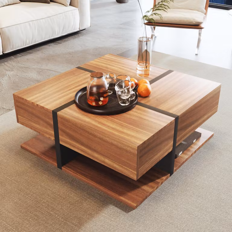 Tavolino con 4 cassetti, caratterizzato da una combinazione di colori unica e un design lineare, con spazio di stoccaggio sottostante. Dimensioni: 78 x 78 x 36 cm