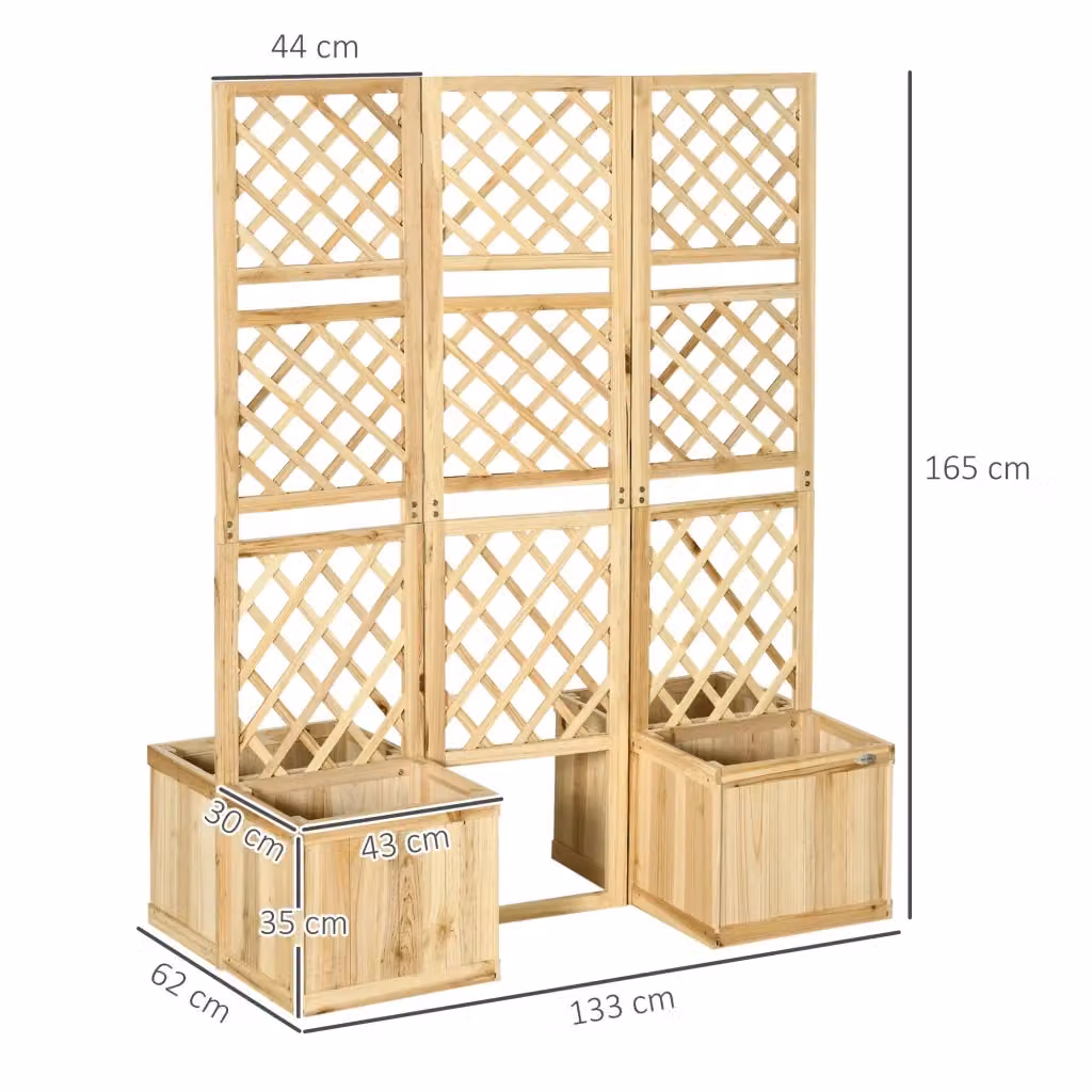 Paravento da esterno WISHDOR con traliccio e 4 fioriere in legno marrone, L: 133 cm, P: 62 cm, H: 165 cm – 2