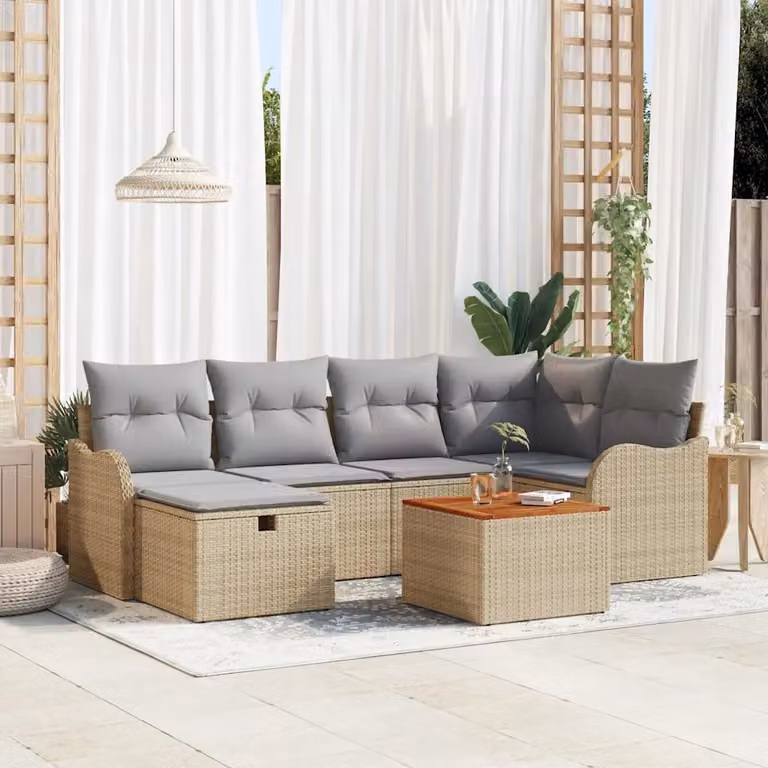 Set Divano da Giardino vidaXL 7 pz a Forma a L con Tavolino e Pouf Beige in Polyrattan e Acciaio