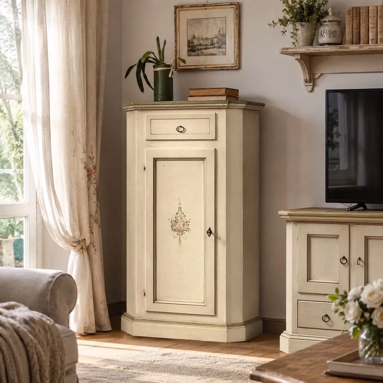 Mobile angolo in legno stile arte povera laccato avorio con 1 porta e 1 cassetto Mobili 2G L/P/H: 54 x 54 x 130 cm – 3