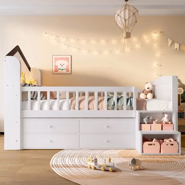 Letto a soppalco singolo Mivray bianco con scala a ripiani, 4 cassetti e illuminazione LED sotto il letto, L/P/H: 200 x 90 x 214 cm