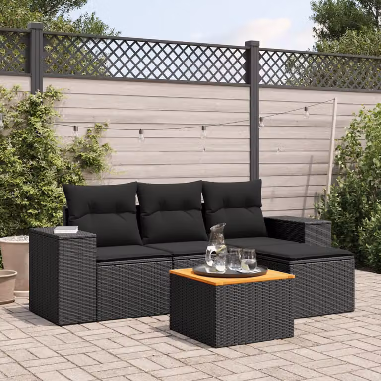 Set da giardino vidaXL a 5 pezzi con divano a L, poltrone, pouf e tavolino, in rattan nero con cuscini inclusi e struttura in acciaio verniciato a polvere