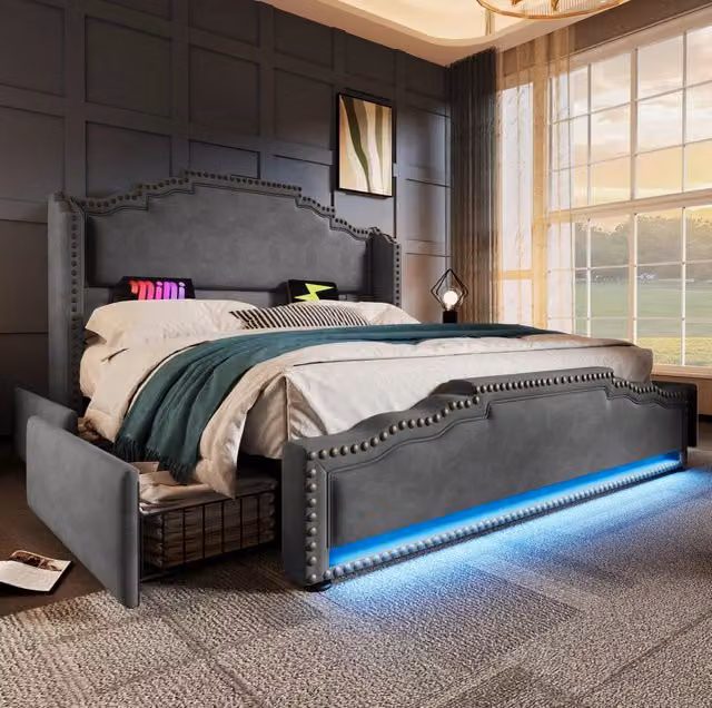 Letto 160x200 cm con 4 cassetti; LED; porte USB e Type-C; velluto grigio