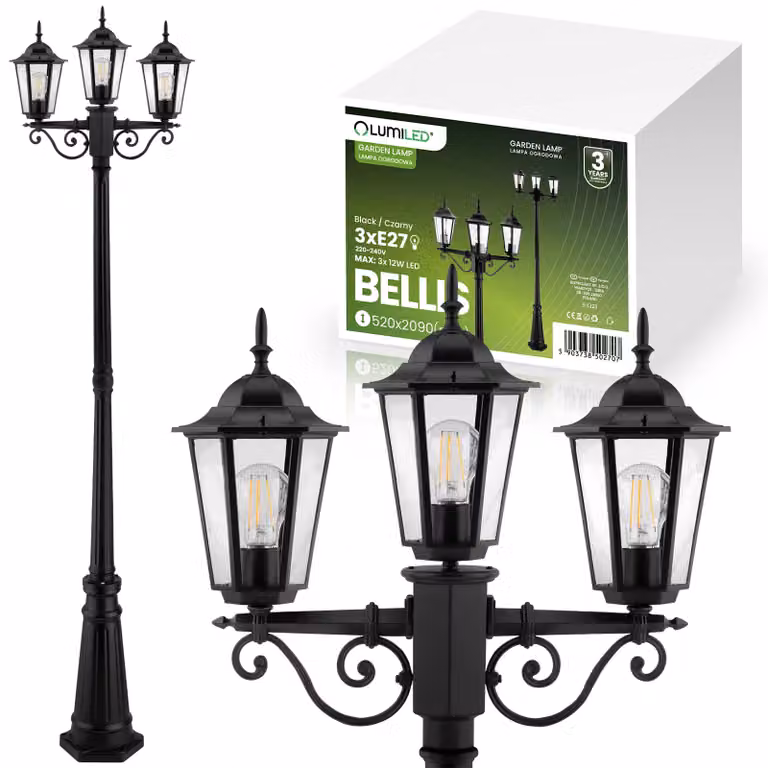 LUMILED candelabro a 3 bracci per lanterna vintage 230V 2,09m regolabile in altezza, nero, vetro alluminio 3x presa E27 IP44 giardino