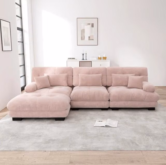 Divano modulare angolare con ottomane; 313x145x81 cm; in ciniglia rosa