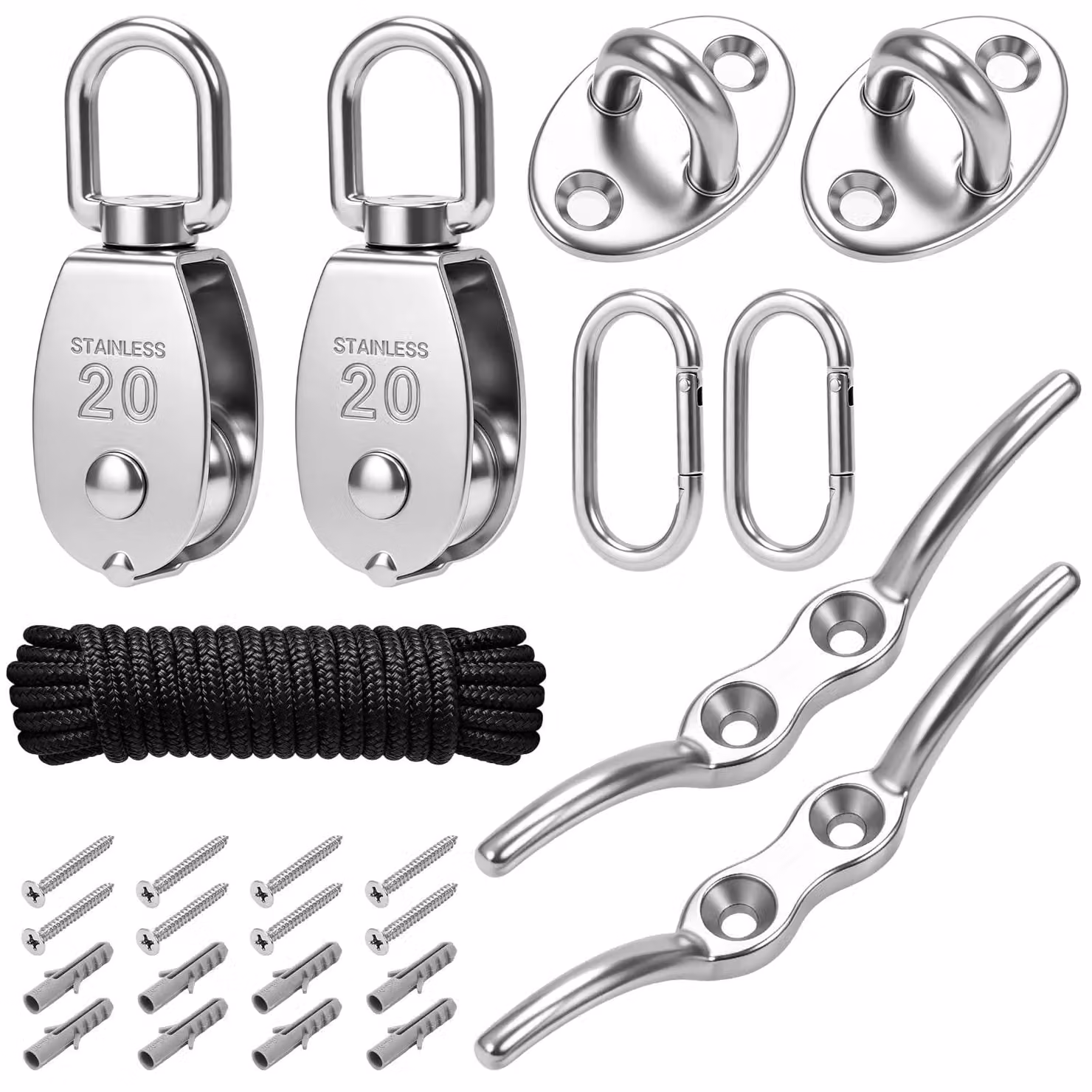 Set di 9 carrucole in acciaio inossidabile 304, ideale per funi e tende da sole
