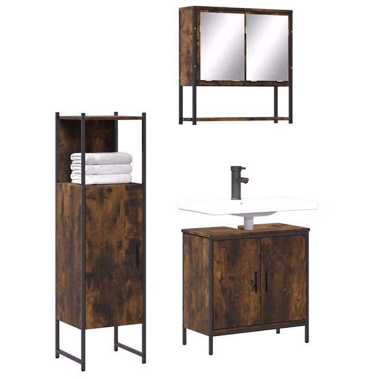 Set di mobili da bagno vidaXL 3 pezzi in stile industriale color rovere marrone composto da mobile lavabo, armadietto con specchio e mobile laterale in legno e metallo