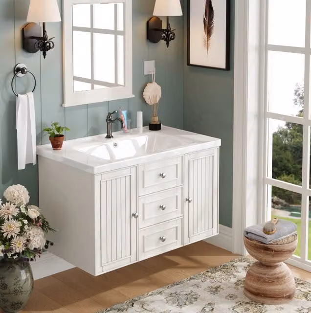 Mobile bagno sospeso con lavabo in ceramica, MDF resistente all'umidità, 78,5x46x46,8 cm, bianco, 3 cassetti con ampio spazio