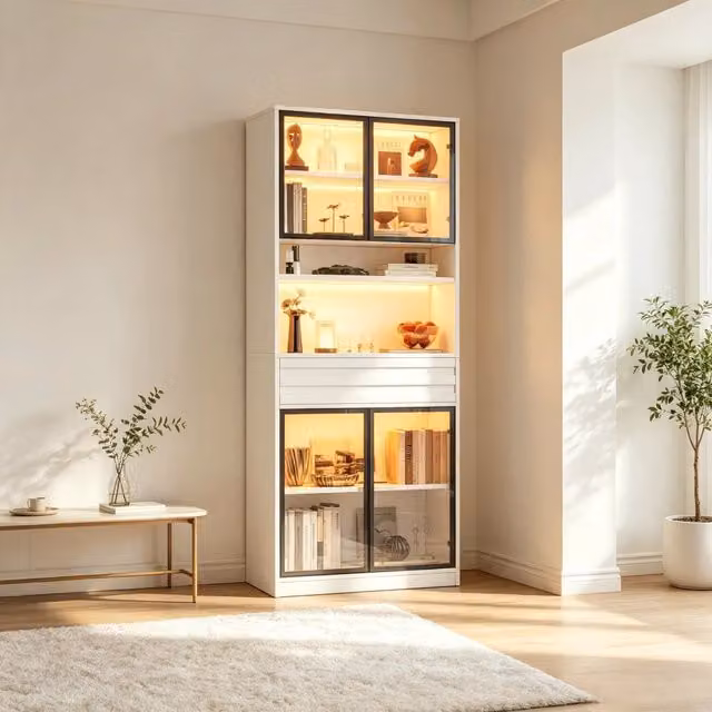 Libreria con Ante in Vetro ¨C Minimal ¨C Bianco MDF 80x35x200 cm Cassetto LED RGB