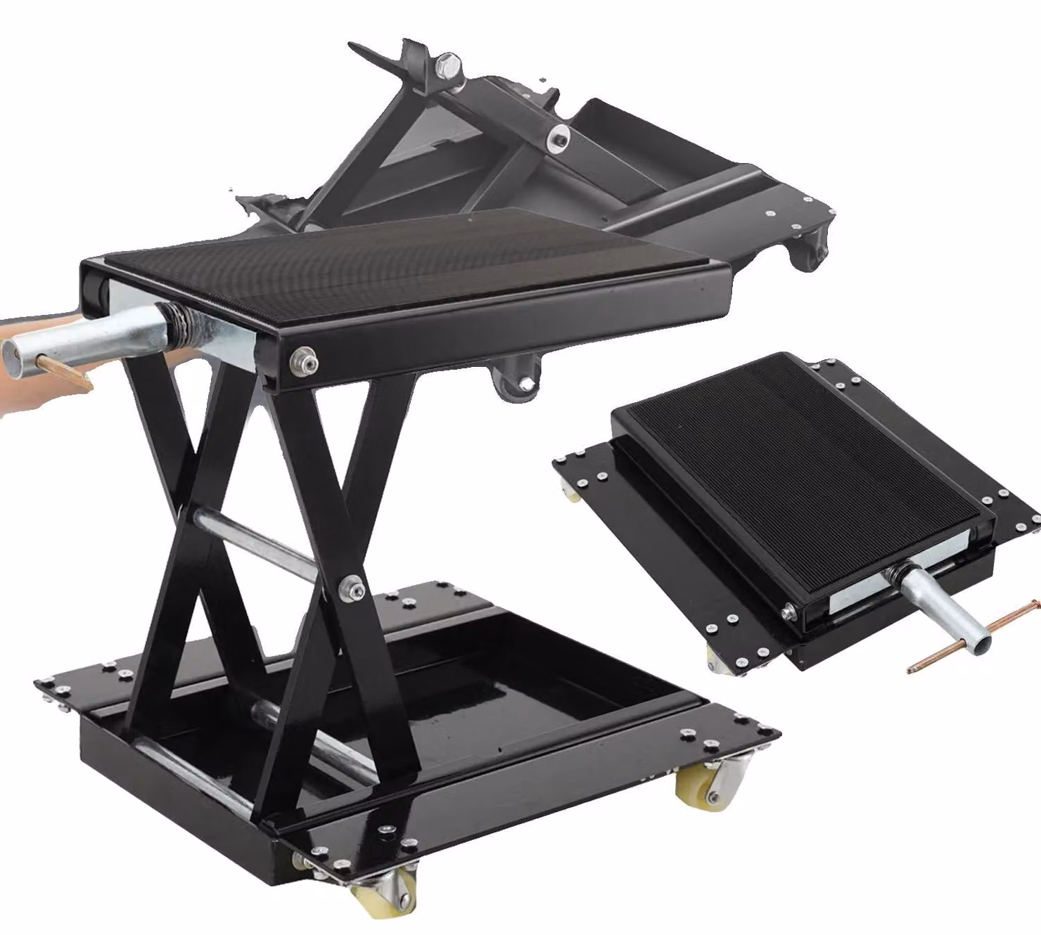 Sollevatore per motociclette, capacità di carico 500 kg, altezza regolabile da 120 a 390 mm, dimensioni della piattaforma 365×222 mm, design antiscivolo, pieghevole e dotato di ruote