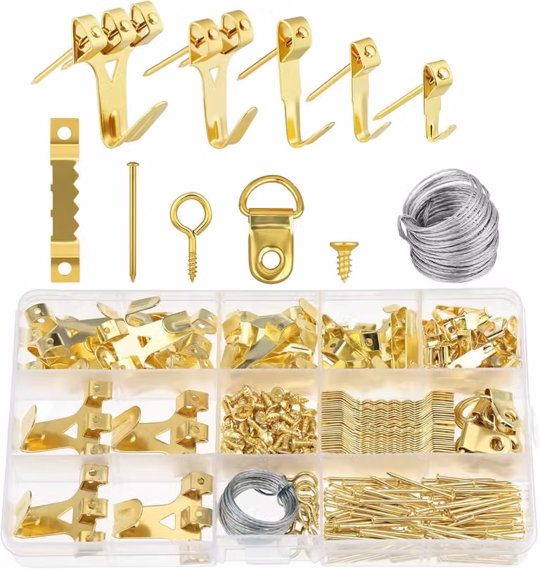 Kit completo per il fissaggio a parete, composto da 282 pezzi, tra cui 62 ganci, 30 ganci a uncino, chiodi, anelli a D, cavo in acciaio, viti, adatto per specchi e altro