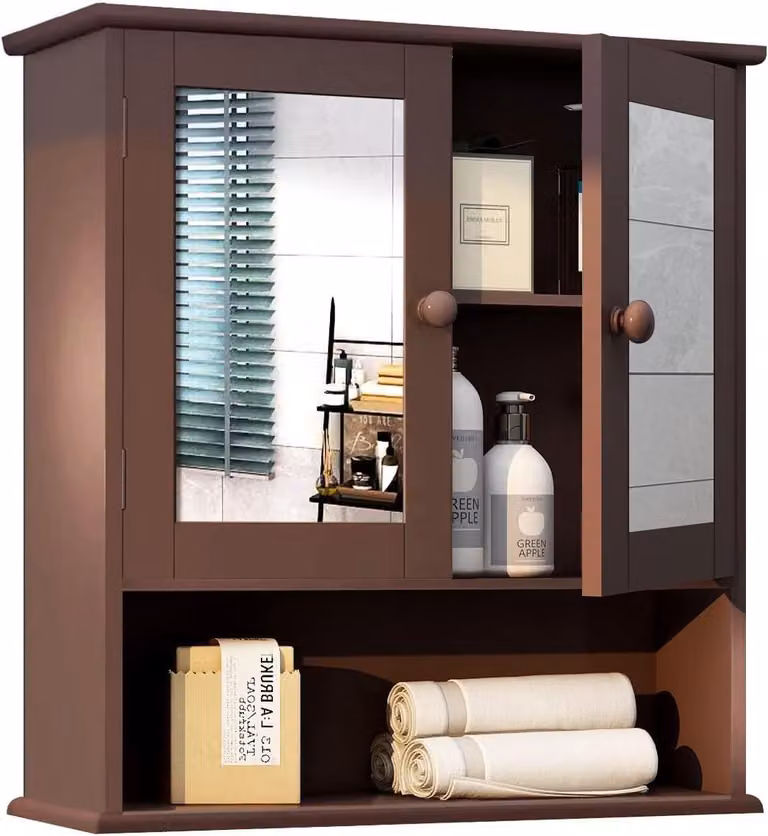 Mobiletto da bagno con specchio e vano aperto, 13 x 22 x 58 cm, marrone