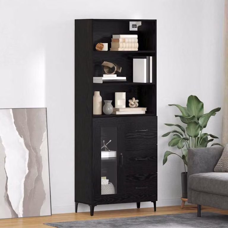Credenza moderna vidaXL in legno ingegnerizzato e metallo, colore nero, L: 69,5 cm, P: 34 cm, H: 180 cm