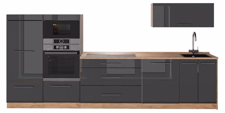 Cucina componibile Vicco Fame-Line Antracite lucido/Rovere dorato 340 cm senza piano di lavoro, Model 64458