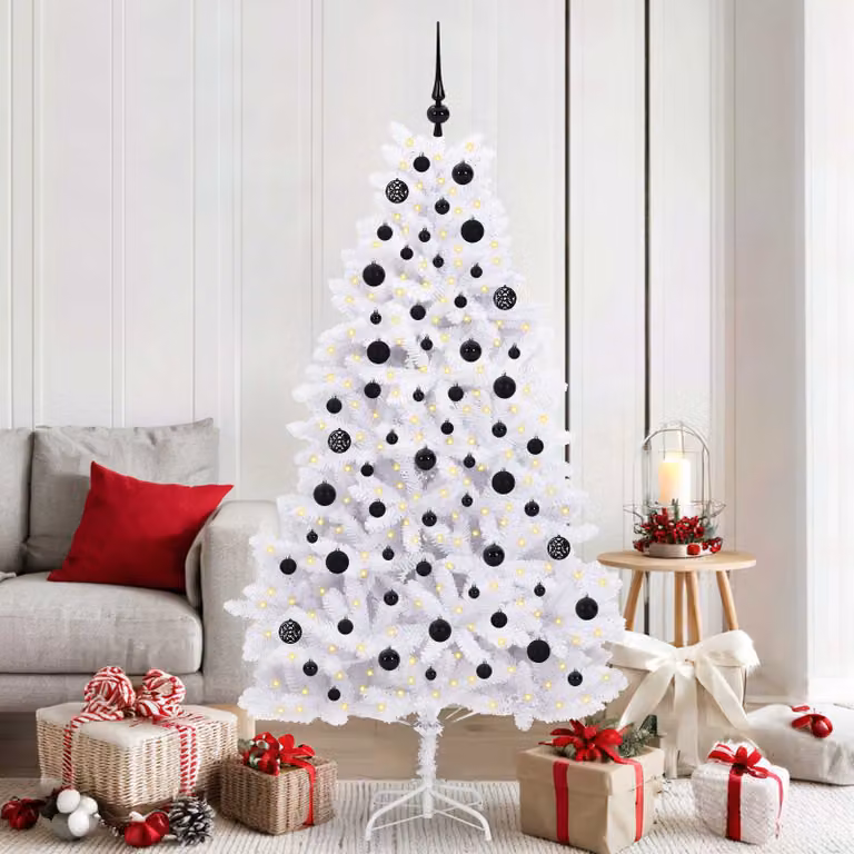 Albero di Natale Artificiale Moderno vidaXL Bianco con Luci LED RGB e Rami Pieghevoli in PVC e Metallo, Altezza: 180 cm