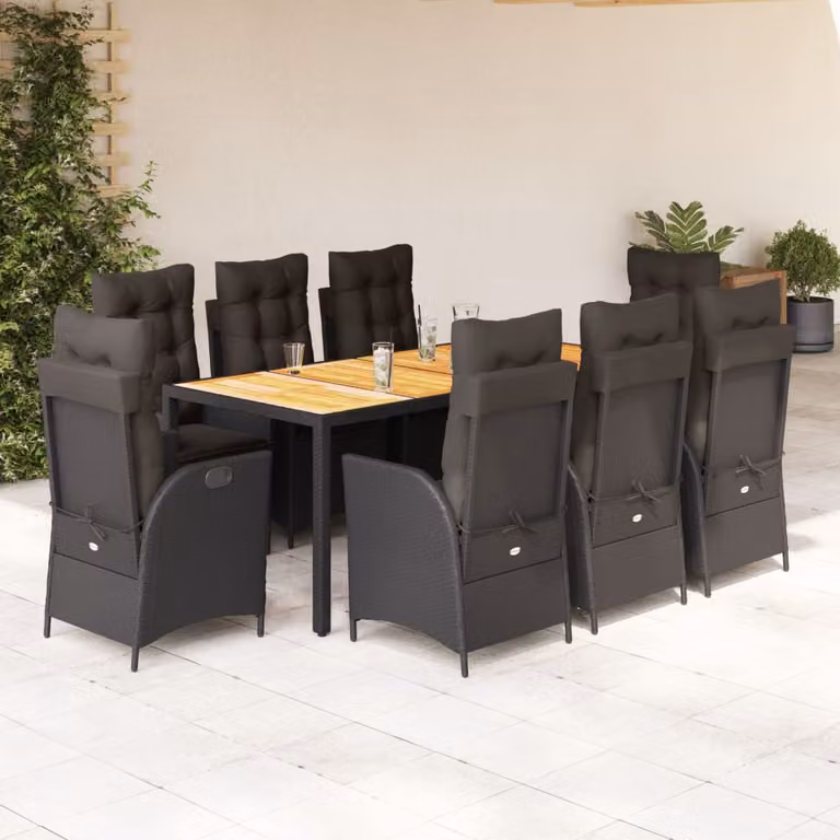 Set da Pranzo da Giardino vidaXL in Polyrattan e Legno di Acacia Nero con 9 Pezzi e Cuscini