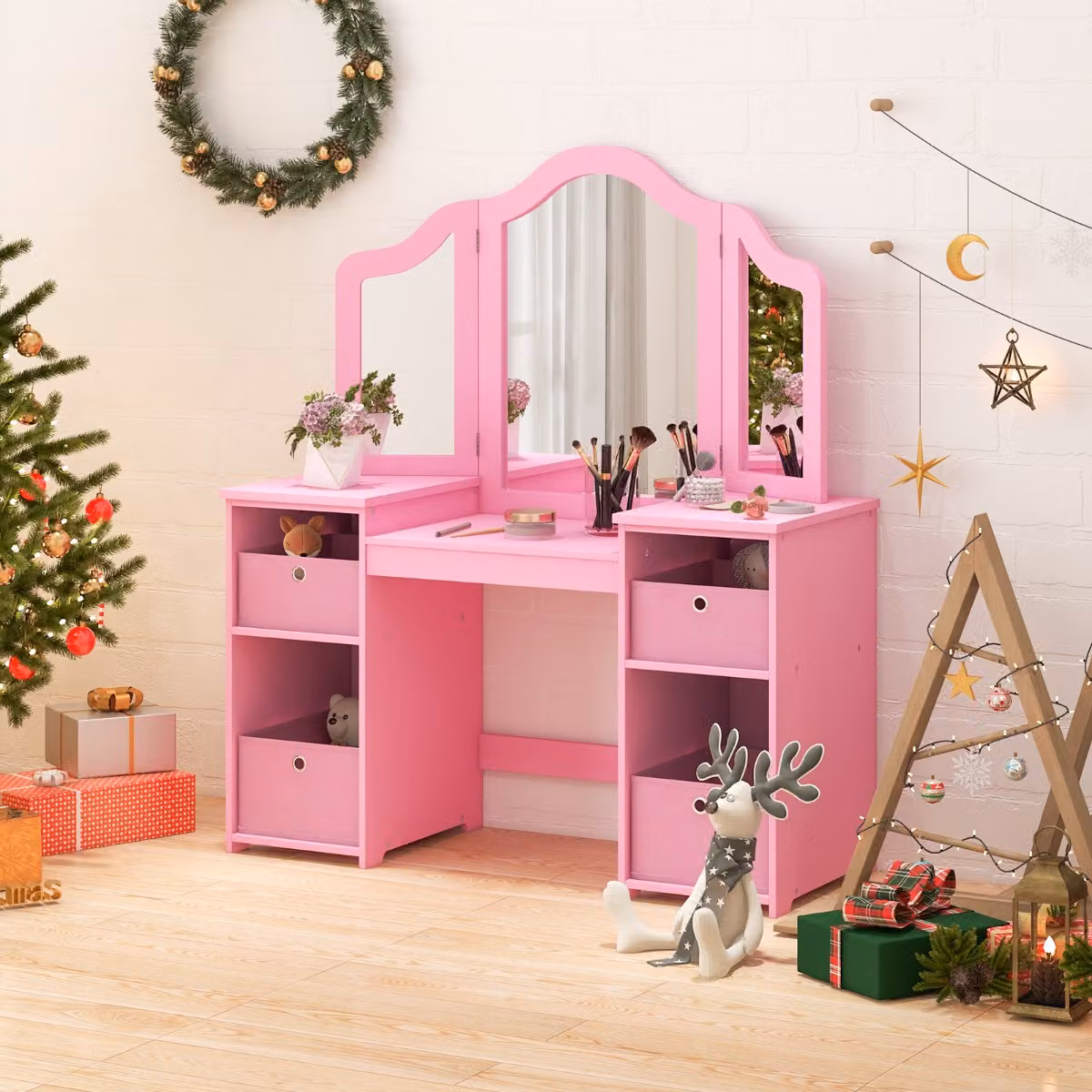 Set toeletta per bambini Costway con specchio a 3 ante rimovibile e 4 cassetti in tessuto, mobile da trucco rosa