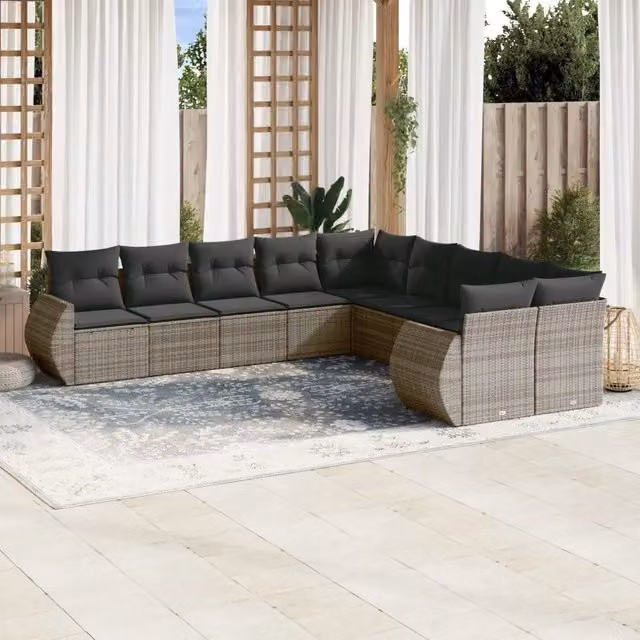 Set Divano da Giardino 10 pz con Cuscini Grigio in Polyrattan 3221909