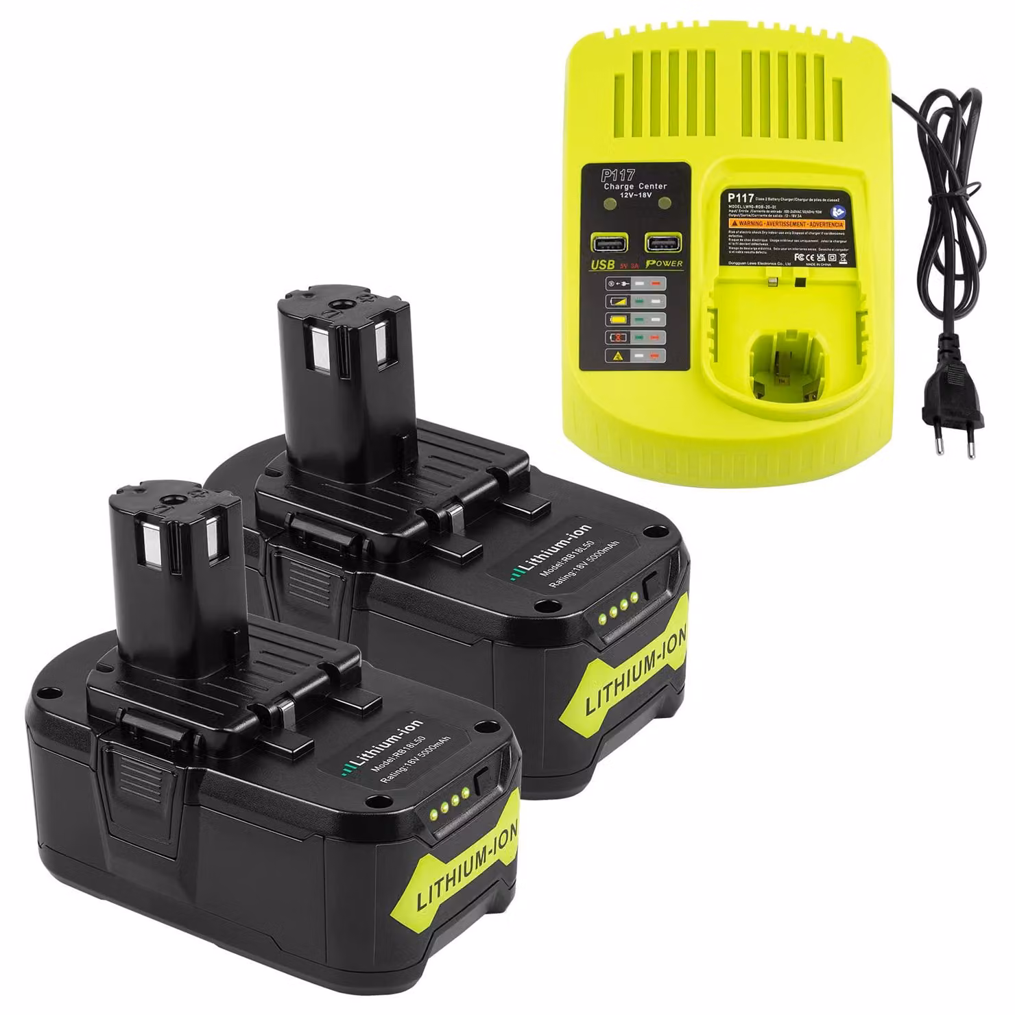 Batteria da 18V 5Ah, confezione da 2, più caricabatterie, compatibile con Ryobi One+
