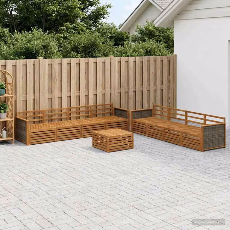 vidaXL Set di divani da esterno 9 pz a forma di U in legno di acacia massello marrone con cuscini inclusi