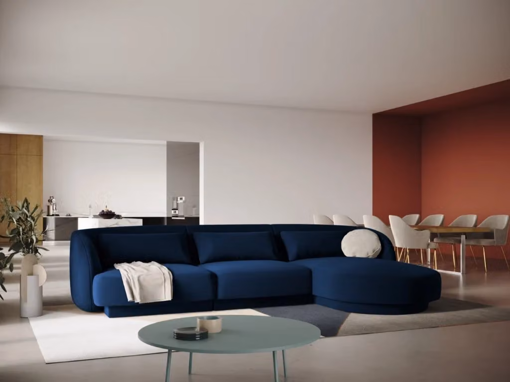 Divano angolare destro Tulum di Cosmopolitan Design, modello a 4 posti in velluto blu, L 255 cm x P 174 cm x H 99 cm – 2