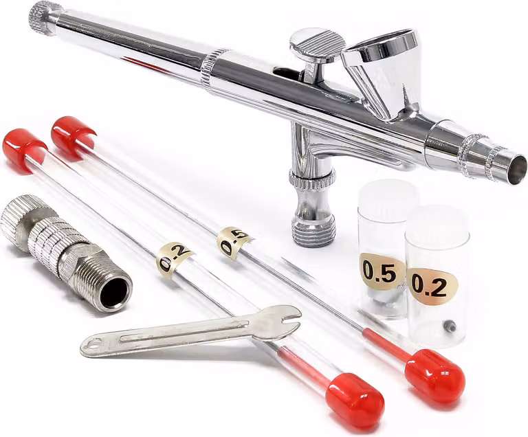 Pistola ad aerografo Wiltec tipo 136T con funzione a doppia azione, ugello Ø 0,2-0,5 mm, 1 tazza di colore, adattatore per modellismo, nail art ecc.