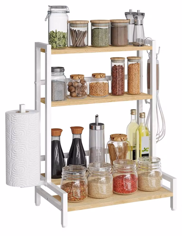 Omgoods - Porta spezie a 4 ripiani con portarotolo carta da cucina e piedini regolabili - Organizzatore da cucina bianco