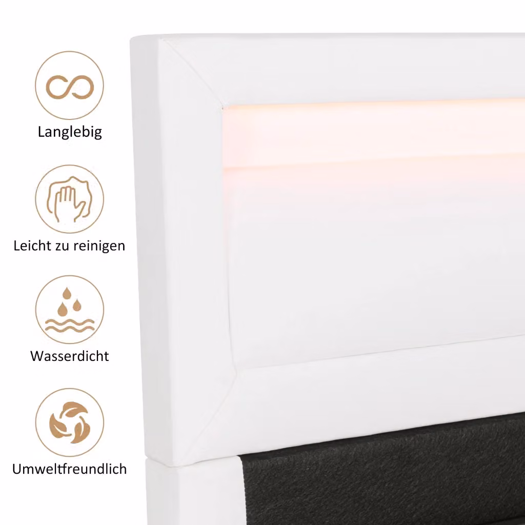 Letto imbottito moderno REDOM con contenitore e illuminazione LED in ecopelle bianca L/P: 140 x 200 cm – 2