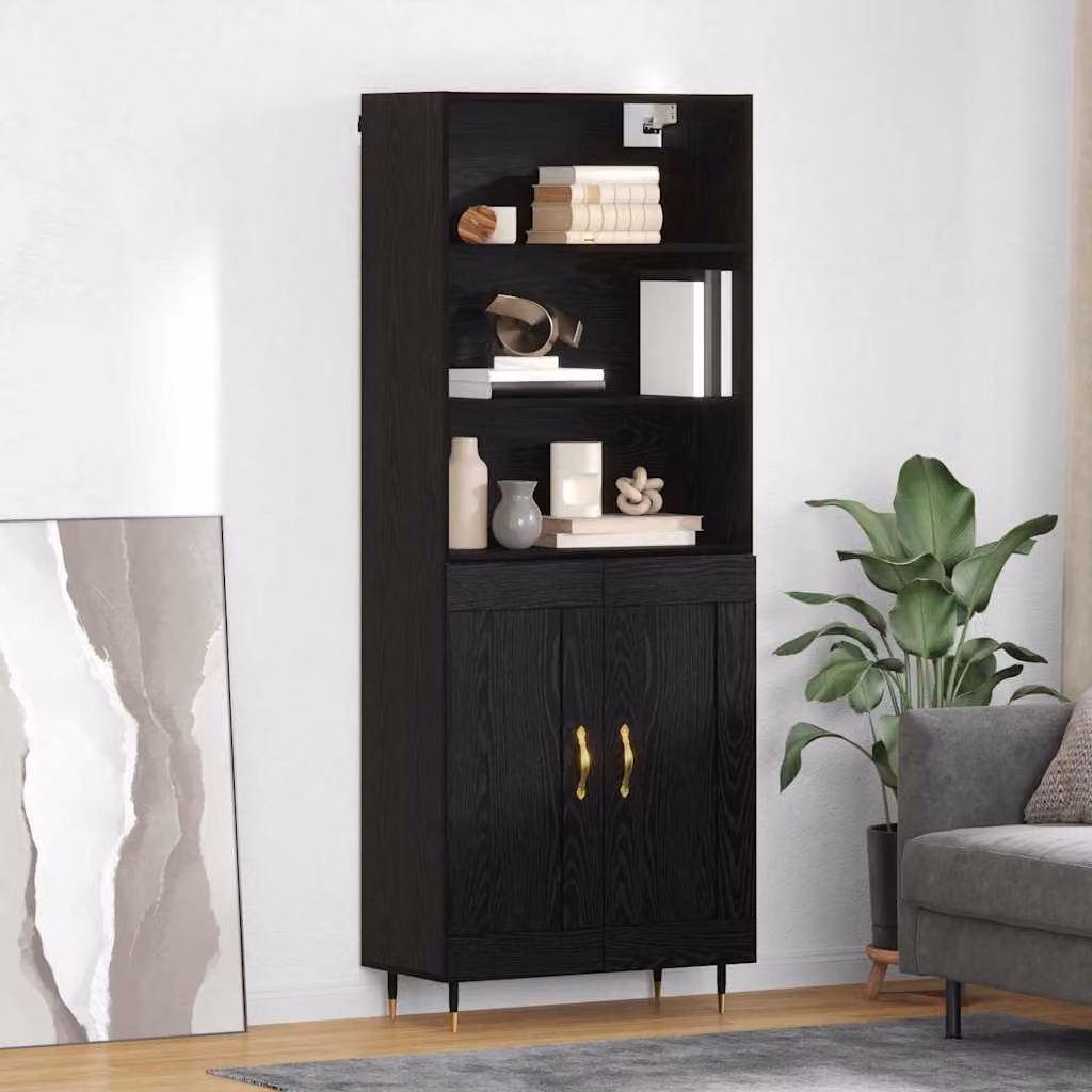 Credenza moderna vidaXL in legno e metallo nero con ante a battente, L: 69,5 cm, P: 34 cm, H: 180 cm