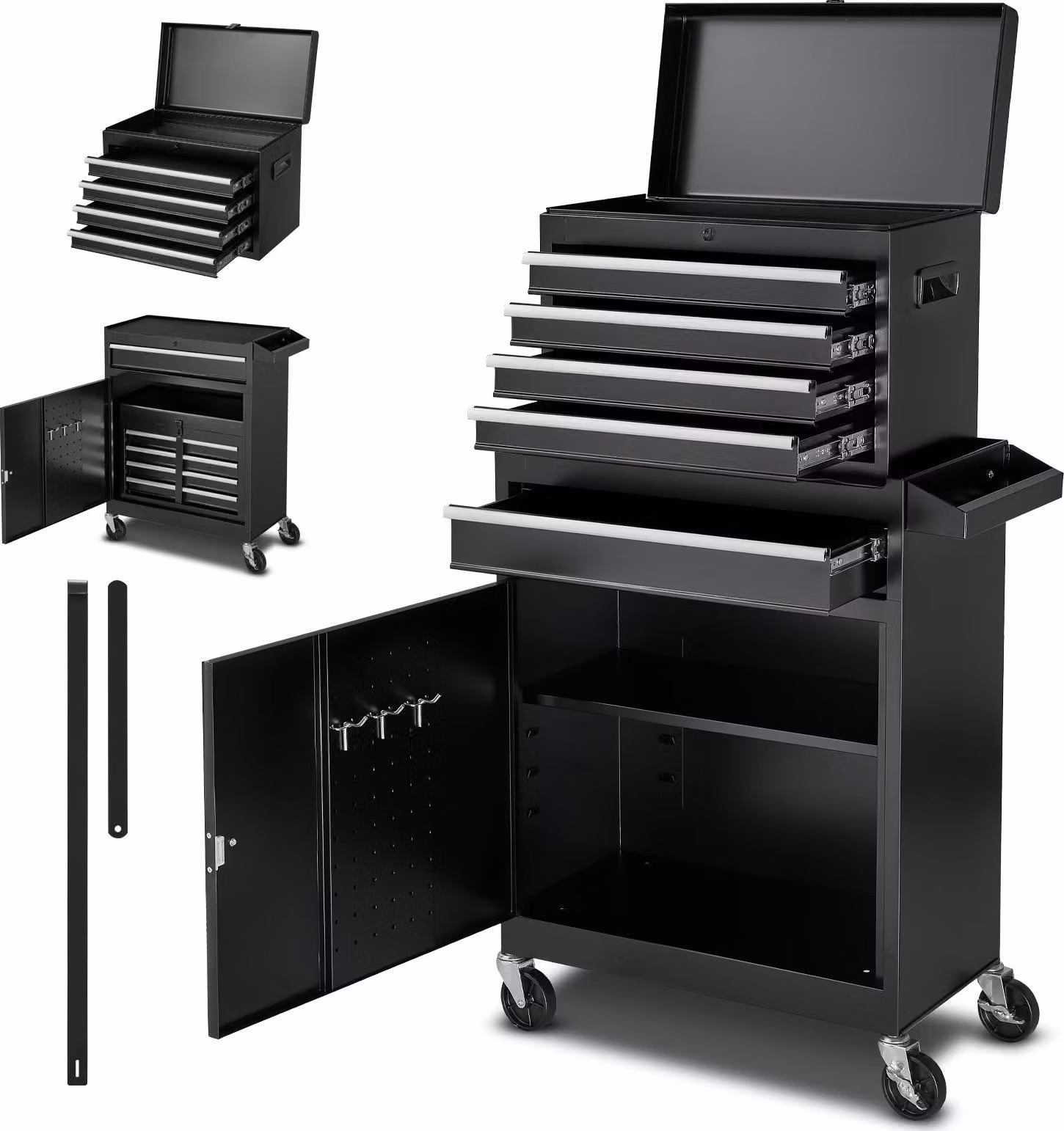 SucceBuy carrello da officina con design 2 in 1, carrello portautensili con 5 cassetti e cassetta metallica rimovibile, barra di bloccaggio, tappetini di protezione e vassoio portautensili, ideale per l'organizzazione di garage e officine