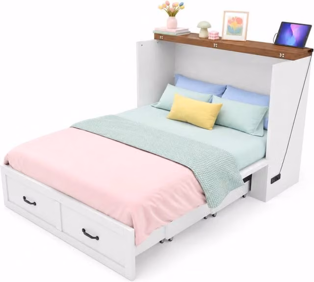 Letto a scomparsa 140x200 cm estraibile con presa europea in metallo; bianco