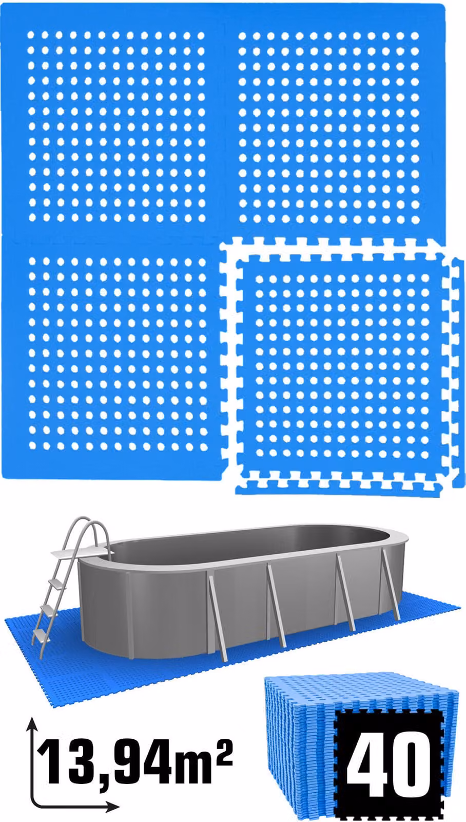 13,9 m² di sottofondo per piscina - 40 tappetini EVA 62x62 - Set di sottofondi per piscina