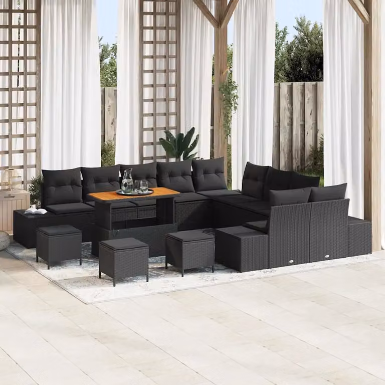 Set Divano da Giardino vidaXL a forma a U con Cuscini e Tavolino Nero