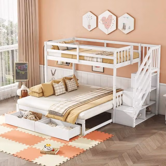 Letto a castello 90 × 200 cm con letto estraibile, 2 cassetti e scaletta contenitore, senza materasso, pino bianco