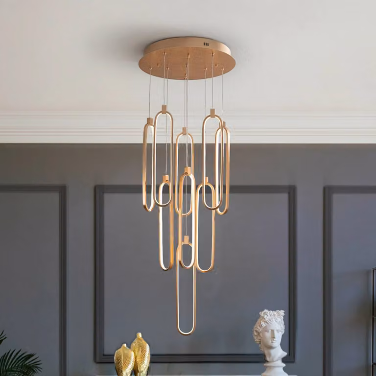 Schuller Valencia Lampada LED a sospensione Colette, 9 luci, rotonda, oro rosa dimmerabile, Ottone / Oro, Soggiorno / Sala da pranzo, Alluminio, Moderno