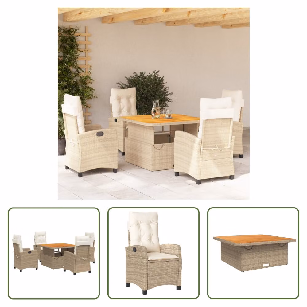 The Living Store Set da pranzo da giardino 5 pezzi con cuscini Beige poly rattan